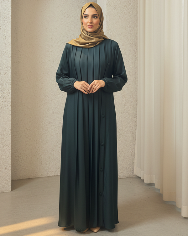 Teal Pleated Nida Abaya with Asymmetrical Side Button Detailing – Elegant Modest Wear