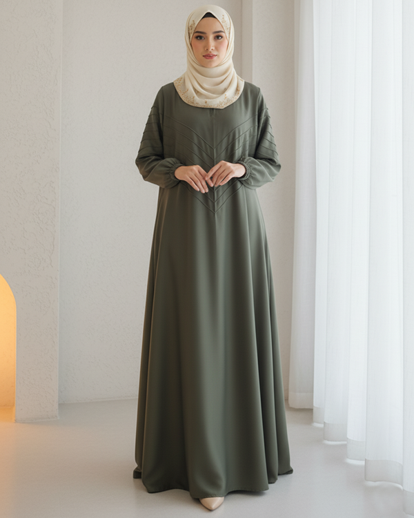 Elegant Olive Green Pleated Abaya