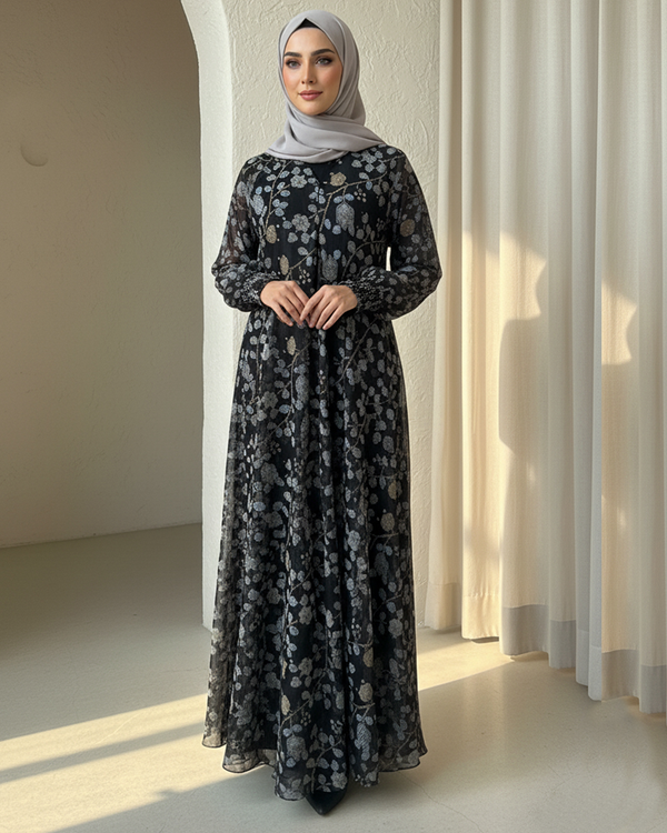Elegant Black Floral Printed Maxi/Abaya with Matching Stole – Gold & Silver Embroidery – Size 54
