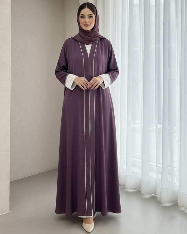 Elegant Deep Plum Open Abaya with Off-White Contrast Cuffs – Nida Fabric – Size 56