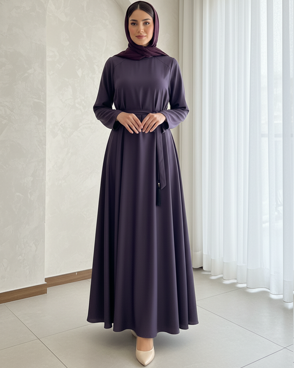 Deep Plum Nida Umbrella Style Abaya with Tassels & Belt – Size 54