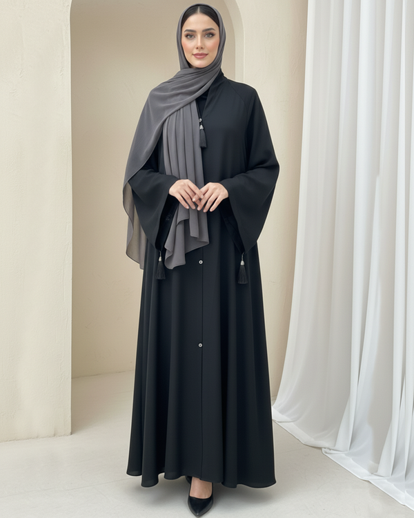 Black Nida Umbrella Style Open Abaya with Cuff Tassels – Size 54
