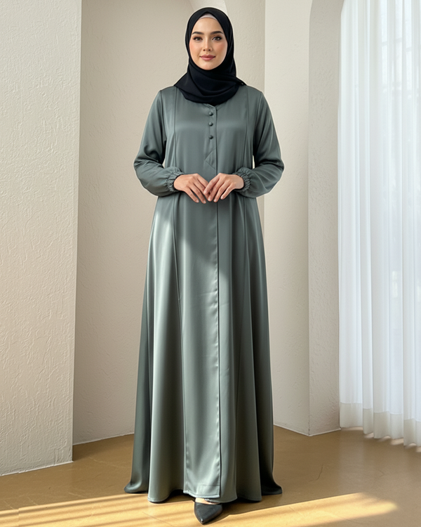 Elegant Front-Button Pleated Abaya – Sage Green with Black Stole