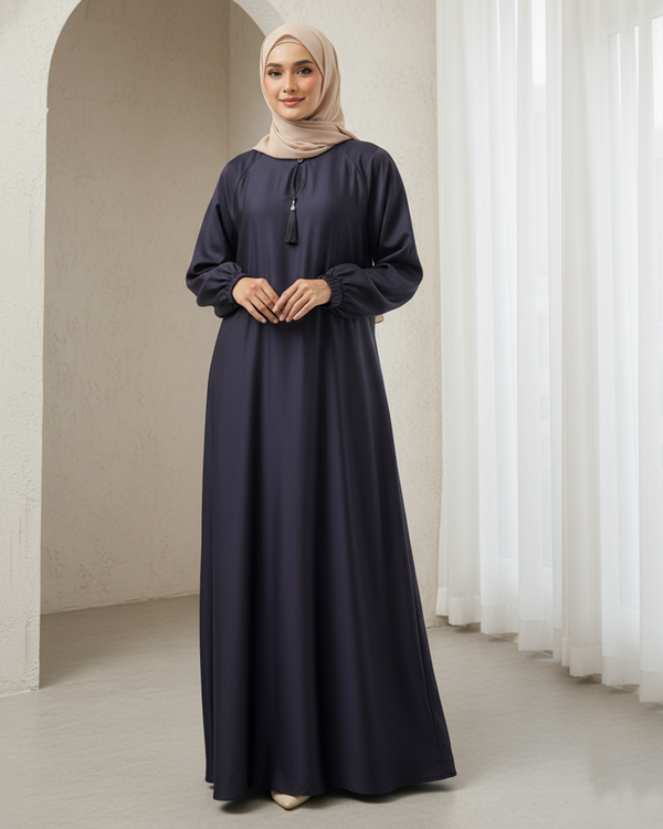 Elegant Deep Navy Blue Umbrella-Style Abaya with Balloon Sleeves