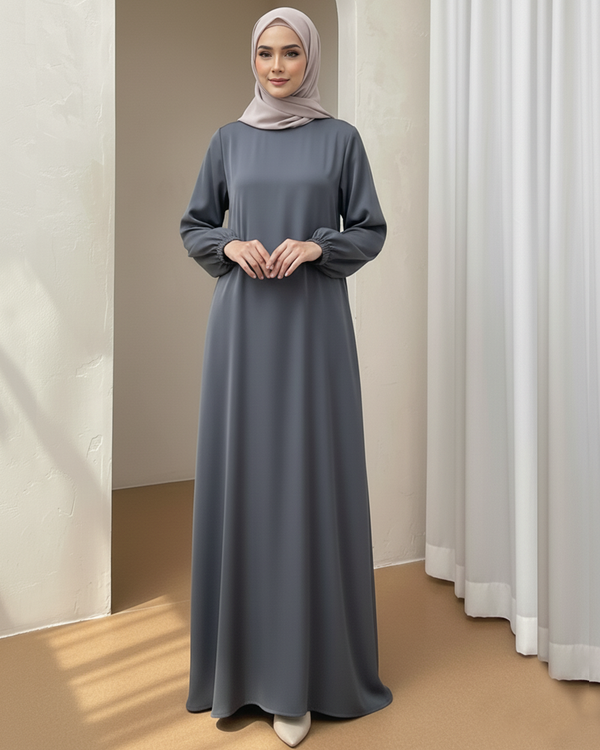 Elegant Plain Steel Grey Abaya with Elastic Cuff Sleeves