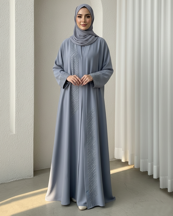 Smoky Grey Formal Nida Abaya with Rhinestone Detailing & Black Stole