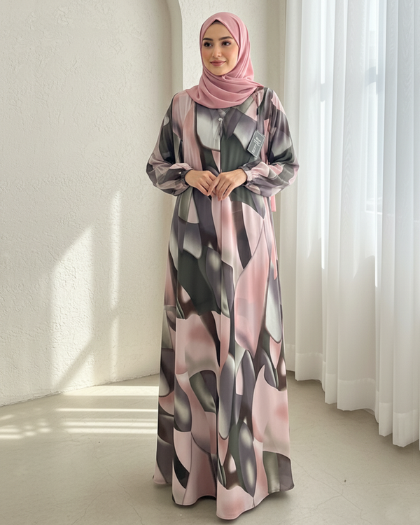 Elegant Printed Maxi with Matching Stole – Abstract Pink, Sage & Grey