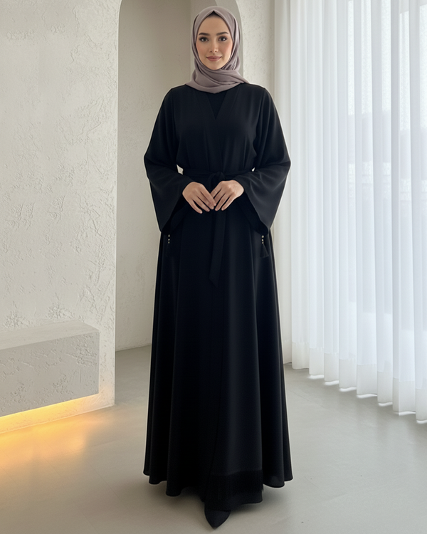 Elegant Black Abaya with Belt & Tassel Sleeve Details