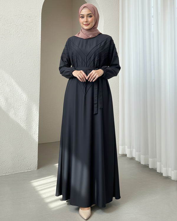 Charcoal Grey Nida Abaya with Layered Panel Design, Belt & Pockets – Elegant Modest Wear
