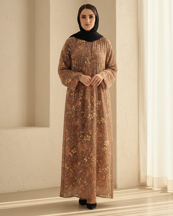Printed Chiffon Maxi Dress – Long Length with Belt & Shrinkable Cuffs