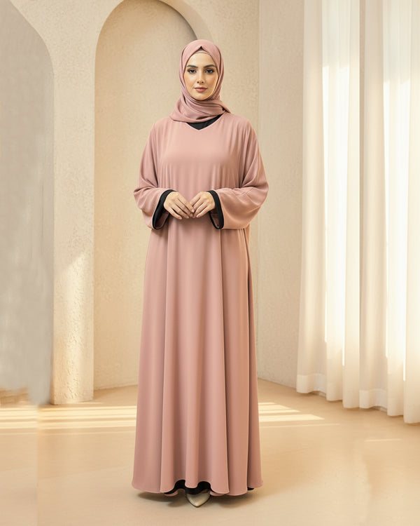Reversible Dusty Rose Pink Crepe Abaya / Kaftan with Matching Stole – Dual-Sided Elegant Design