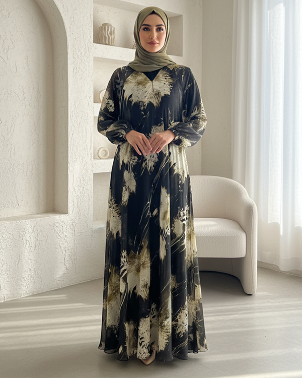 Elegant Printed Open Maxi with Matching Stole – Black, Beige & Gold Abstract – Size 56