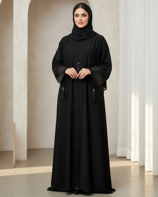 Black Nida Abaya – Elegant Sleeves with Bow Tassel Detailing