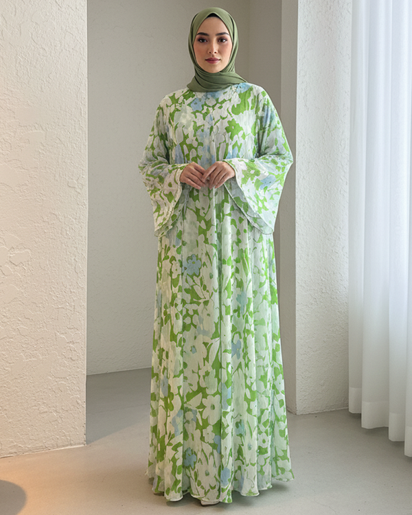 Elegant Printed Umbrella-Style Chiffon Maxi with Matching Stole – Size 56