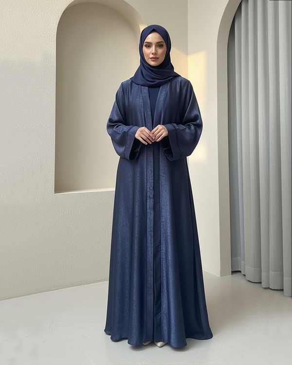 Elegant Metallic Abaya Set – 2-Piece Design in Silver Gray, Champagne Beige & Midnight Blue