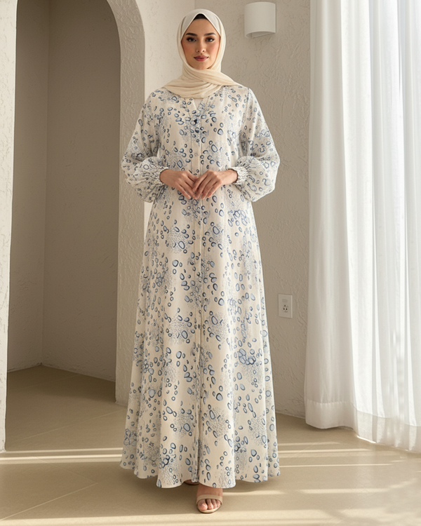 Elegant Cream Chiffon Maxi Abaya with Sky Blue Pebble Print – Full-Length Floor Abaya – Size 54