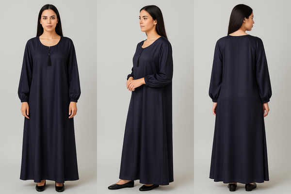 Elegant Deep Navy Blue Umbrella-Style Abaya with Balloon Sleeves