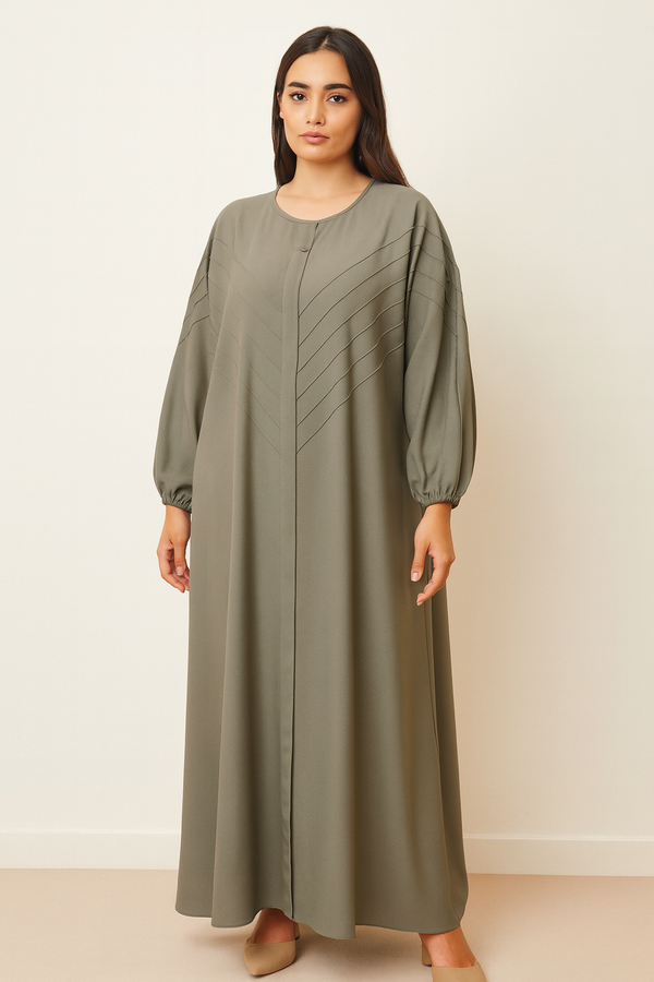Elegant Olive Green Pleated Nida Abaya with Belt – Modest Evening Wear