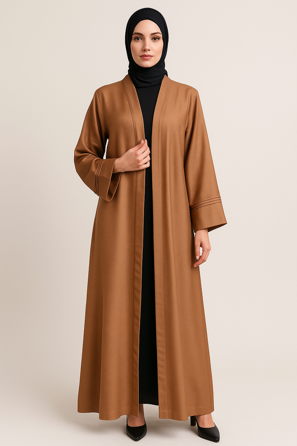 Caramel Brown Open Abaya – Zoom Nida Jubah Fabric with Matching Stroller