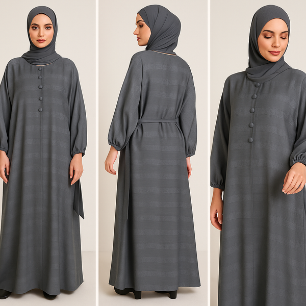 Steel Grey Jacquard Nida Abaya with Belt – Elegant Modest Wear