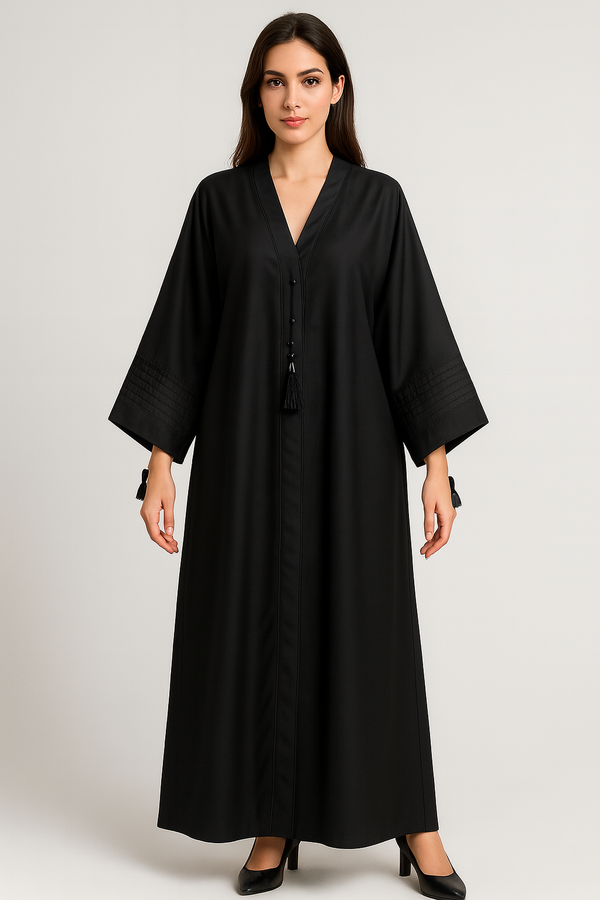 Black Nida Abaya – Elegant Sleeves with Bow Tassel Detailing