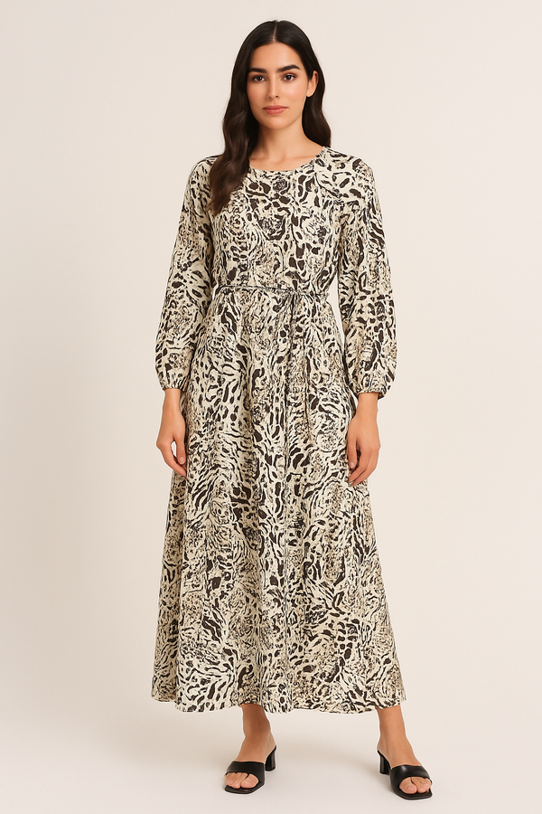 Printed Chiffon Maxi Dress – Belted Design with Shrinkable Cuffs