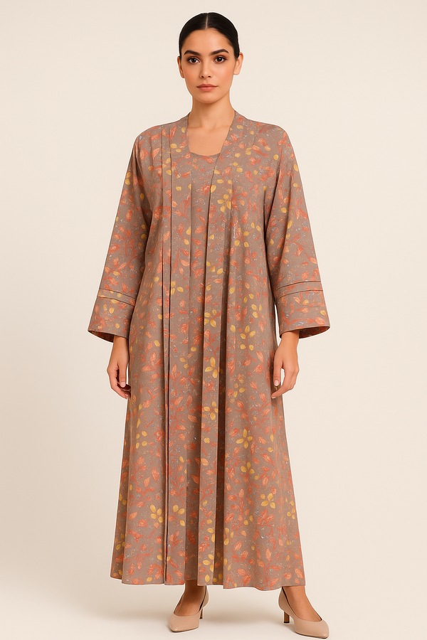 Printed Chiffon Maxi Dress – Long Length with Belt & Shrinkable Cuffs