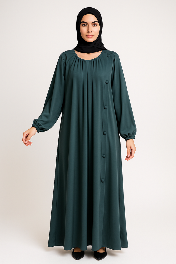 Teal Pleated Nida Abaya with Asymmetrical Side Button Detailing – Elegant Modest Wear
