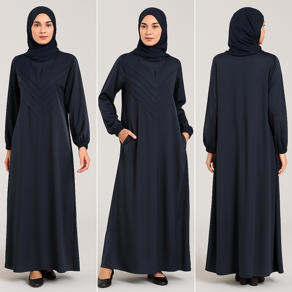 Charcoal Grey Nida Abaya with Layered Panel Design, Belt & Pockets – Elegant Modest Wear