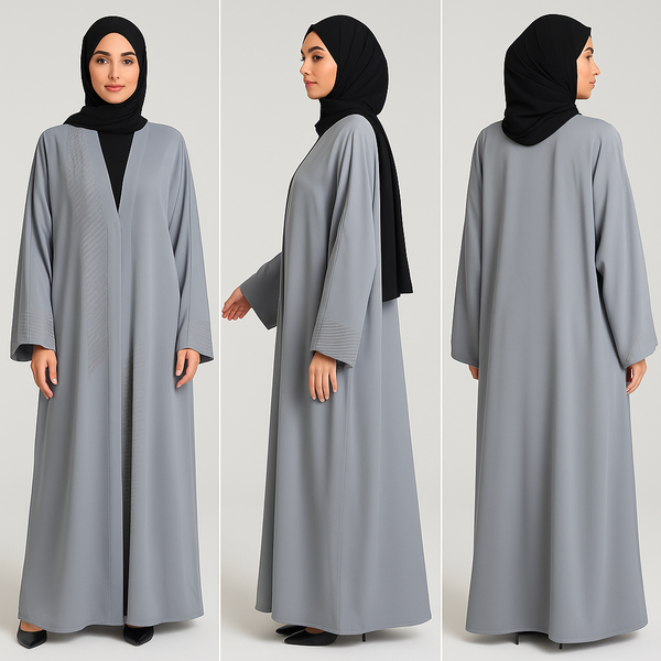 Smoky Grey Formal Nida Abaya with Rhinestone Detailing & Black Stole