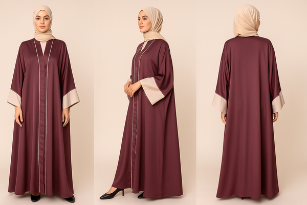 Deep Plum Open Nida Abaya with Beige Accents & Stole – Size 56