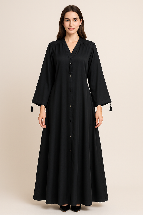 Black Nida Umbrella Style Open Abaya with Cuff Tassels – Size 54