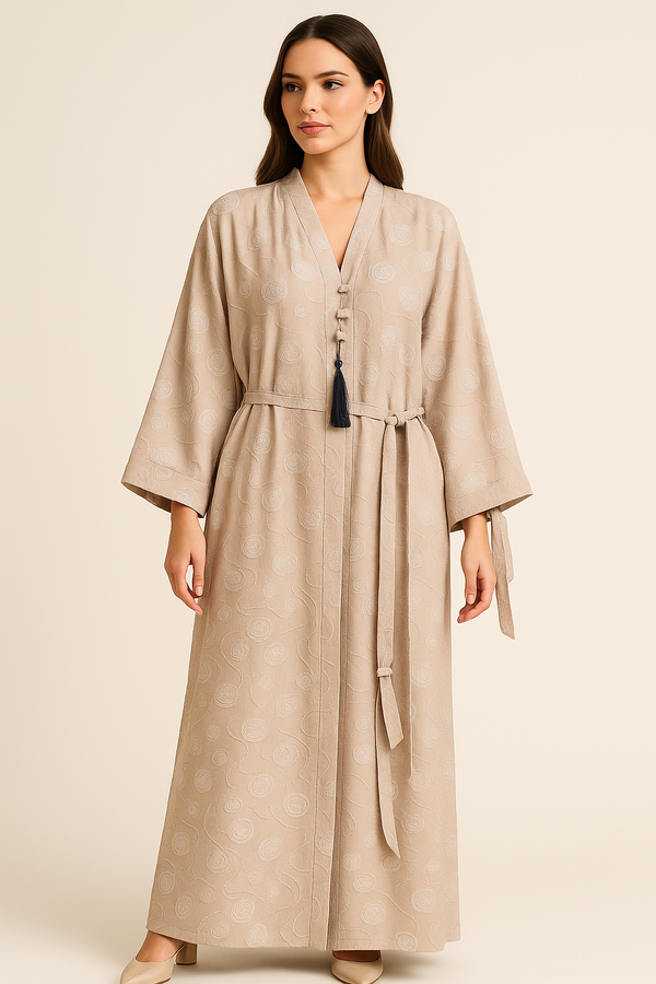 Elegant Beige Jacquard Abaya – Rose Motif with Tassel & Adjustable Sleeves