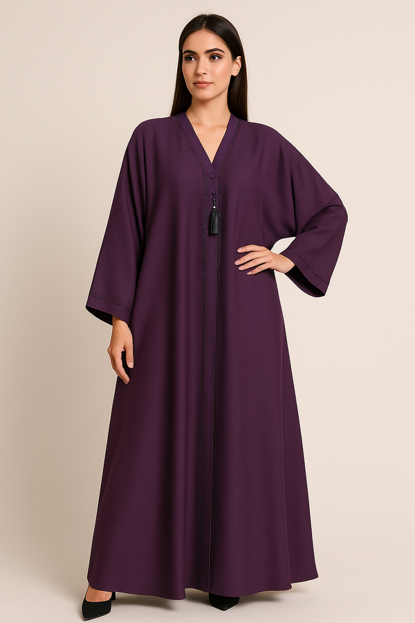 Royal Plum Pleated Abaya – Beaded V-Neck with Flared Sleeves & Tassel Detail