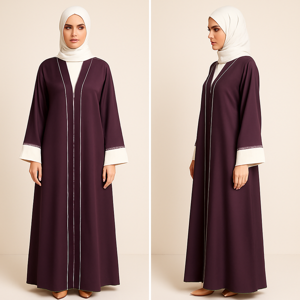 Elegant Deep Plum Open Abaya with Off-White Contrast Cuffs – Nida Fabric – Size 56