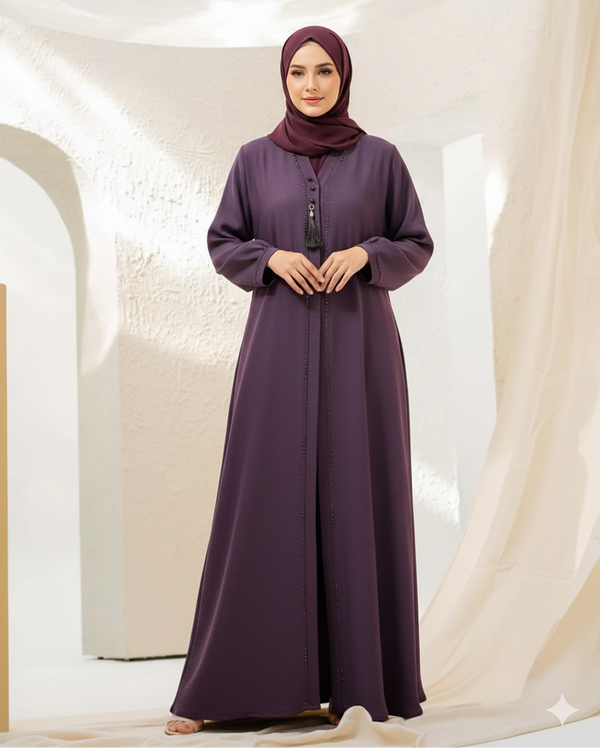 Royal Plum Pleated Abaya – Beaded V-Neck with Flared Sleeves & Tassel Detail