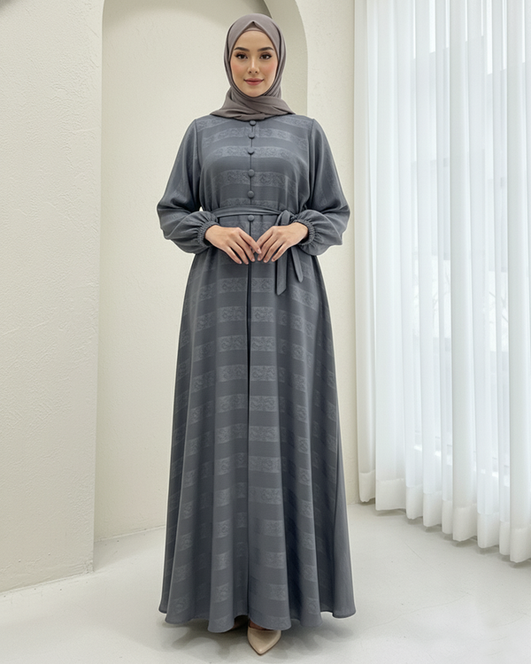 Steel Grey Jacquard Nida Abaya with Belt – Elegant Modest Wear
