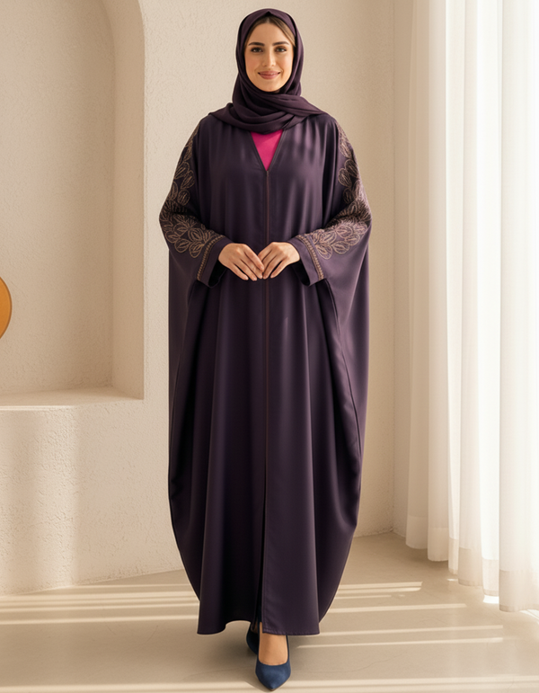 Plum Purple Embroidered Kaftan Abaya – Nida Fabric with Gold Sleeve Detailing