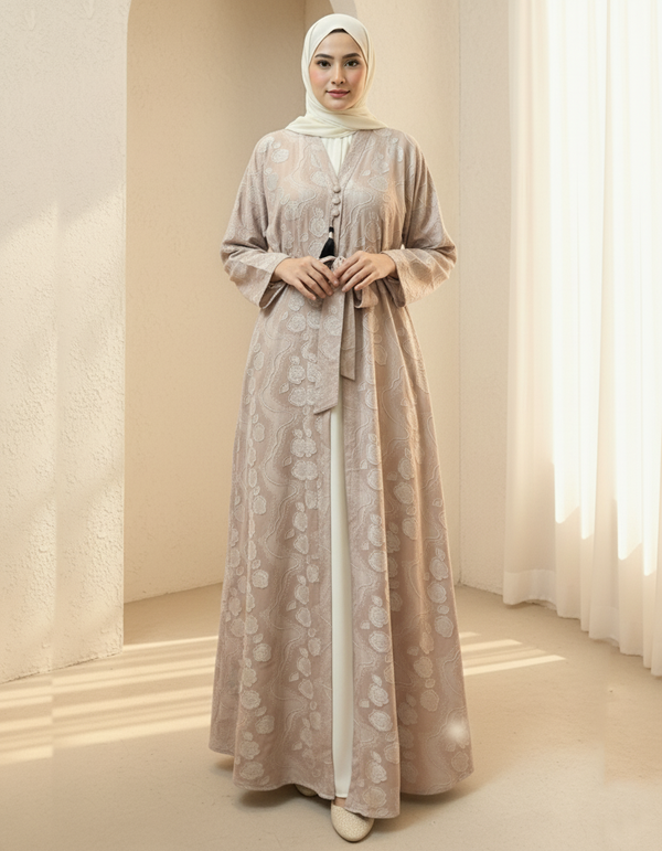 Elegant Beige Jacquard Abaya – Rose Motif with Tassel & Adjustable Sleeves