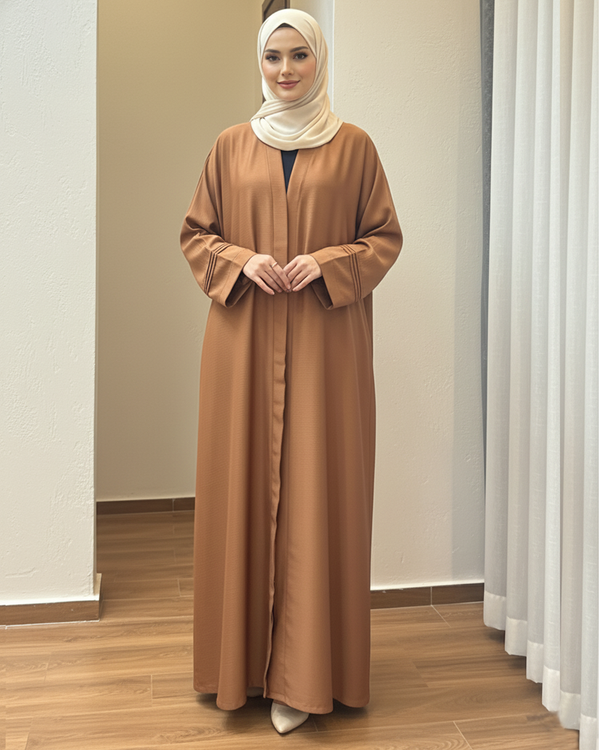 Caramel Brown Open Abaya – Zoom Nida Jubah Fabric with Matching Stroller